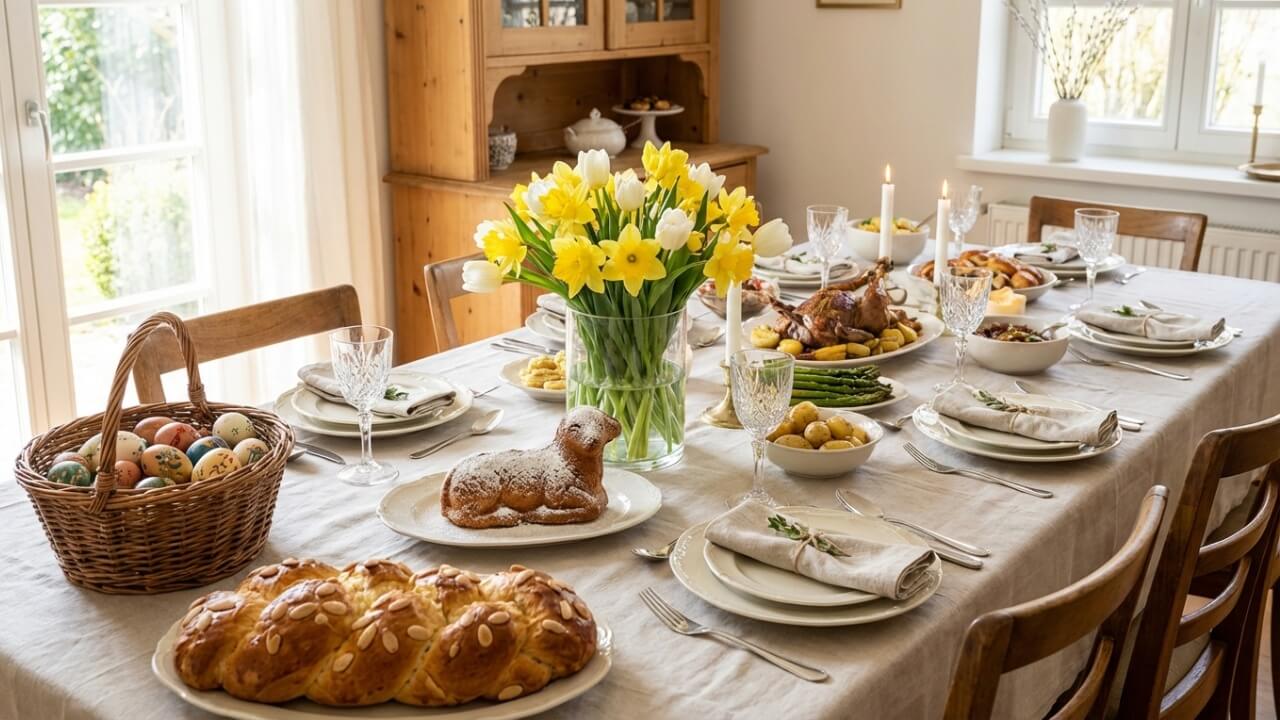 Velikonoční tabule s jehněčím masem, bylinkami a zeleninou
