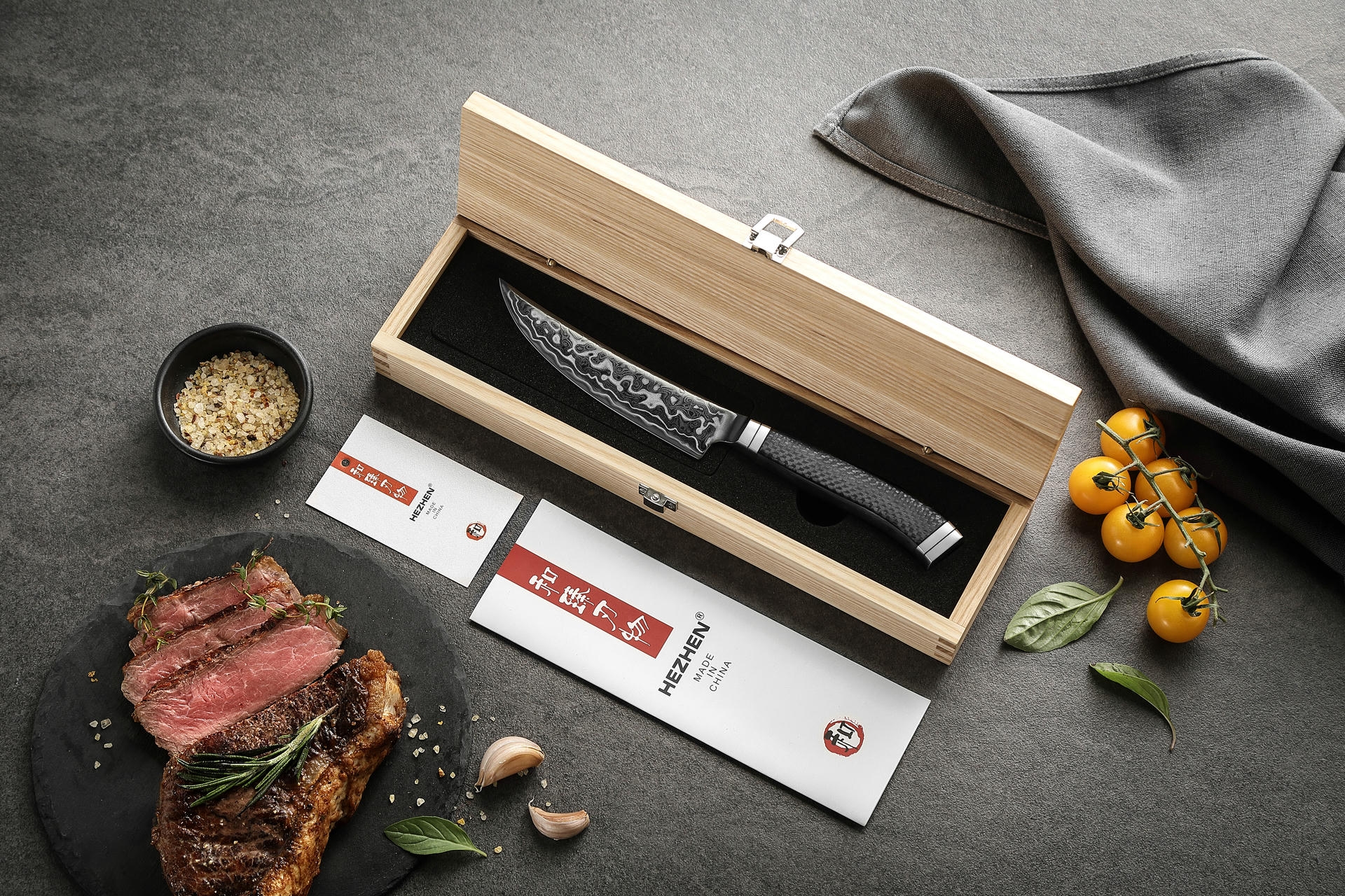 Dřevěná krabička jako balení nože na steaky HEZHEN X10