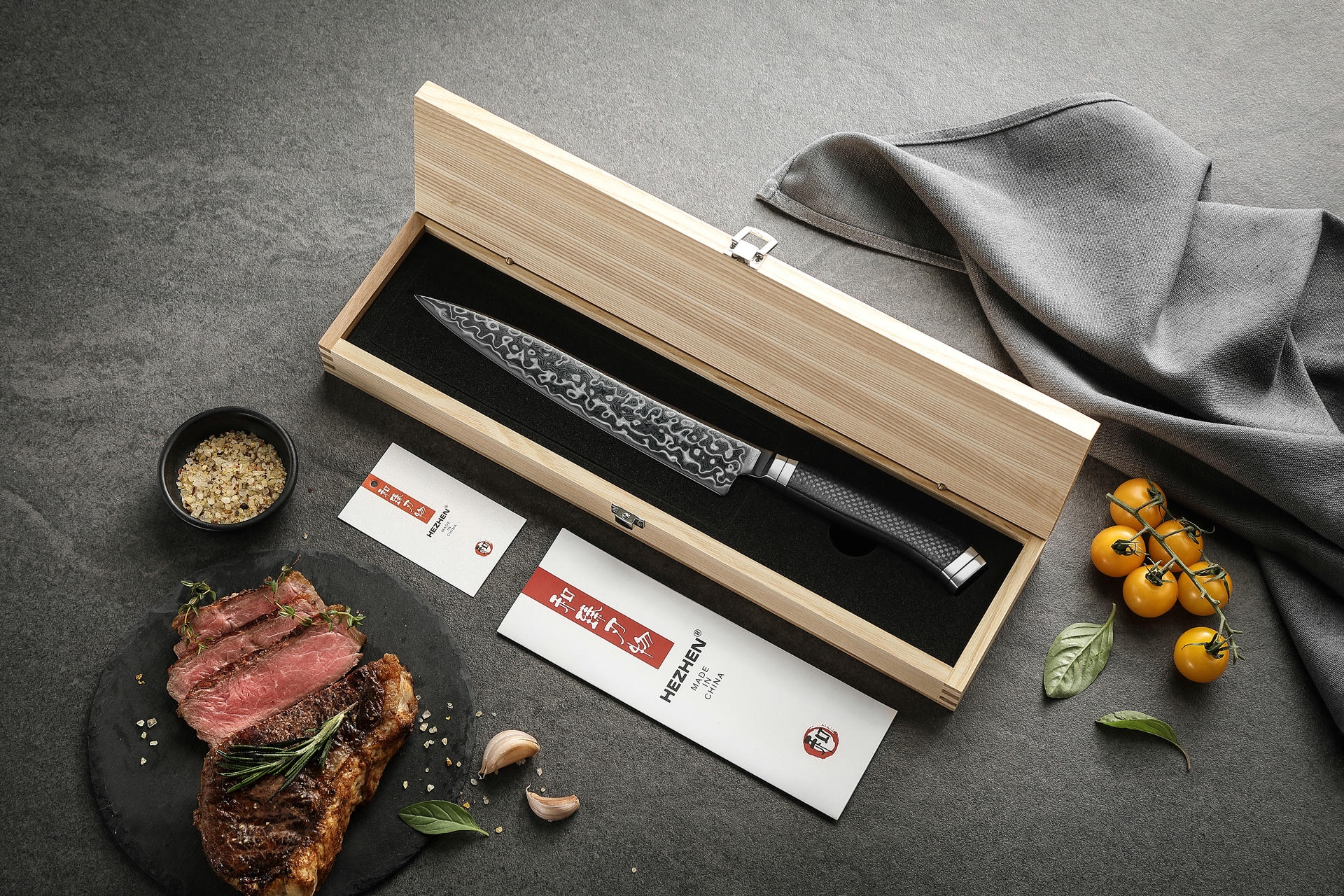 Dřevěná krabička jako balení nože na krájení masa HEZHEN X10
